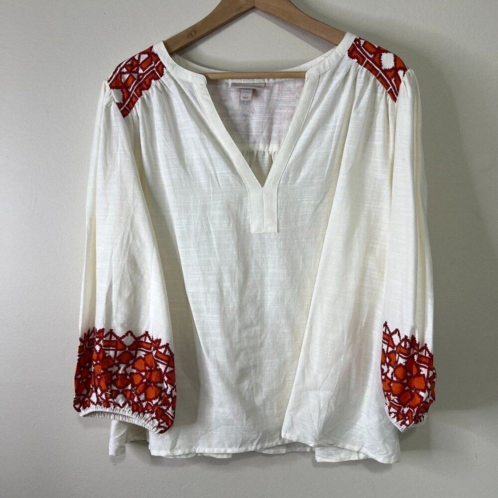 Knox Rose Abstract Print Woven Top Size L Cream Balloon 3/4 Sleeve V Neck - Picture 2 of 6